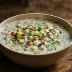 Окрошка на кефире: холодный суп с овощами и мясом