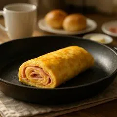 Омлет-рулет с ветчиной и сыром на сковороде
