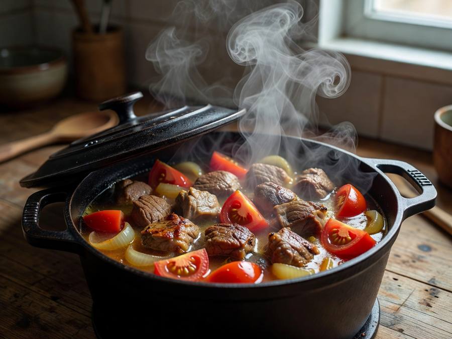 Баранина тушится с овощами в казане