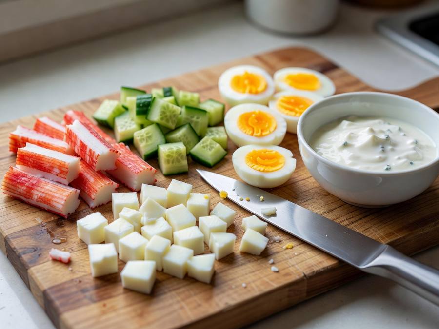 Крабовые палочки, огурец и яйца нарезаются кубиком
