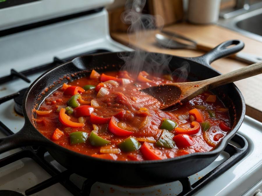 Томатный соус с овощами томится в сковороде